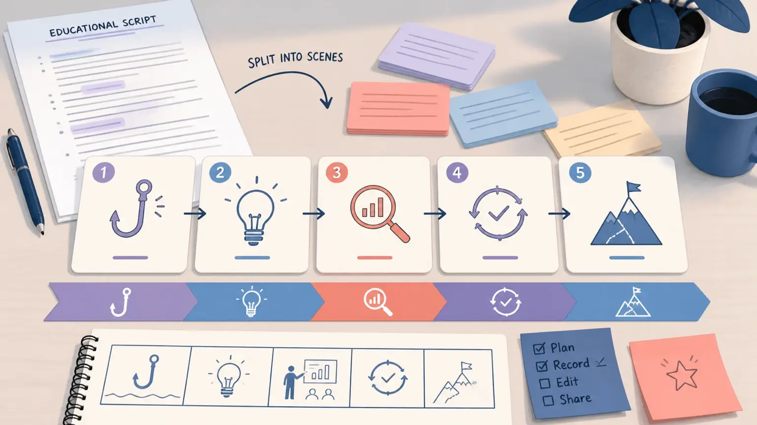 A long paper script is arranged into five scene-planning cards and a review checklist