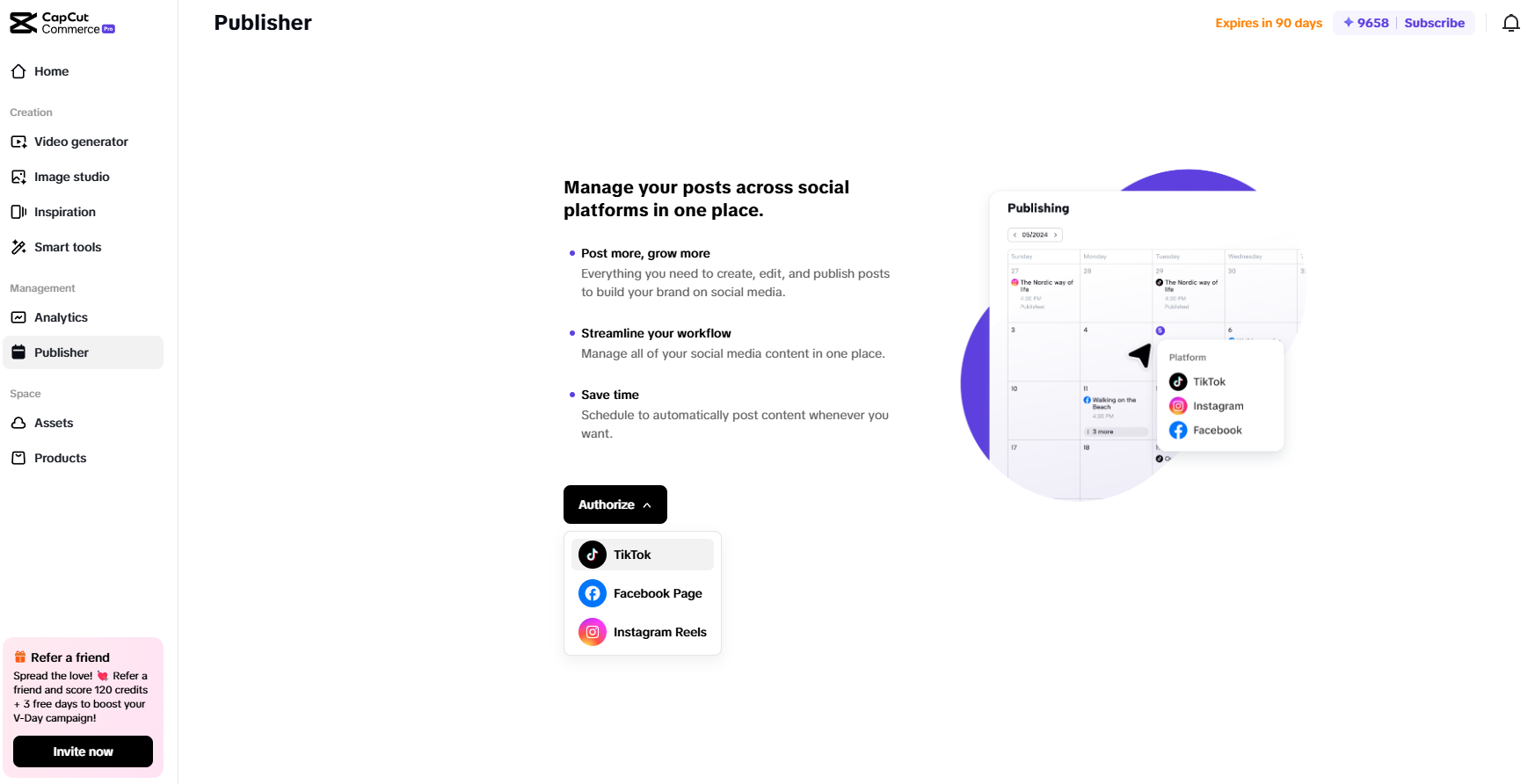 Obrazovka aplikace Pippit zobrazující správu příspěvků pro automatizaci eCommerce na sociálních platformách.