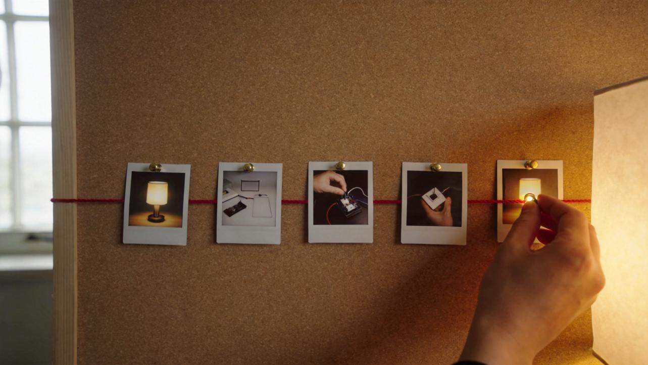 Hand pinning Polaroid-style setup steps on a corkboard with a red string and a lit lamp on the right
