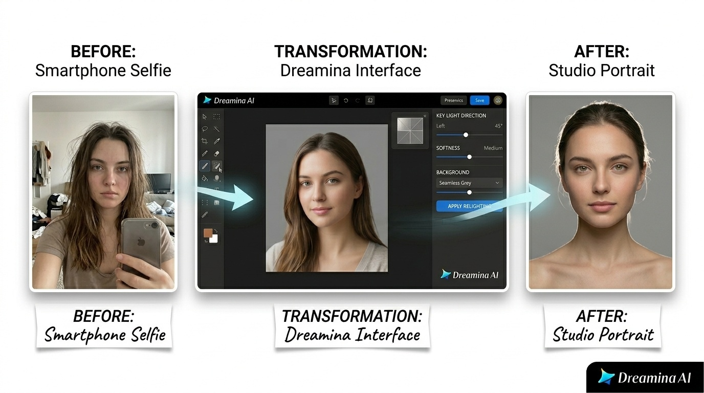 Dreamina AI generuje studyjne oświetlenie portretowe z kontrolowanym kluczowym kierunkiem światła, naturalnymi reflektorami i spójnymi cieniami dla profesjonalnych zdjęć głowy.