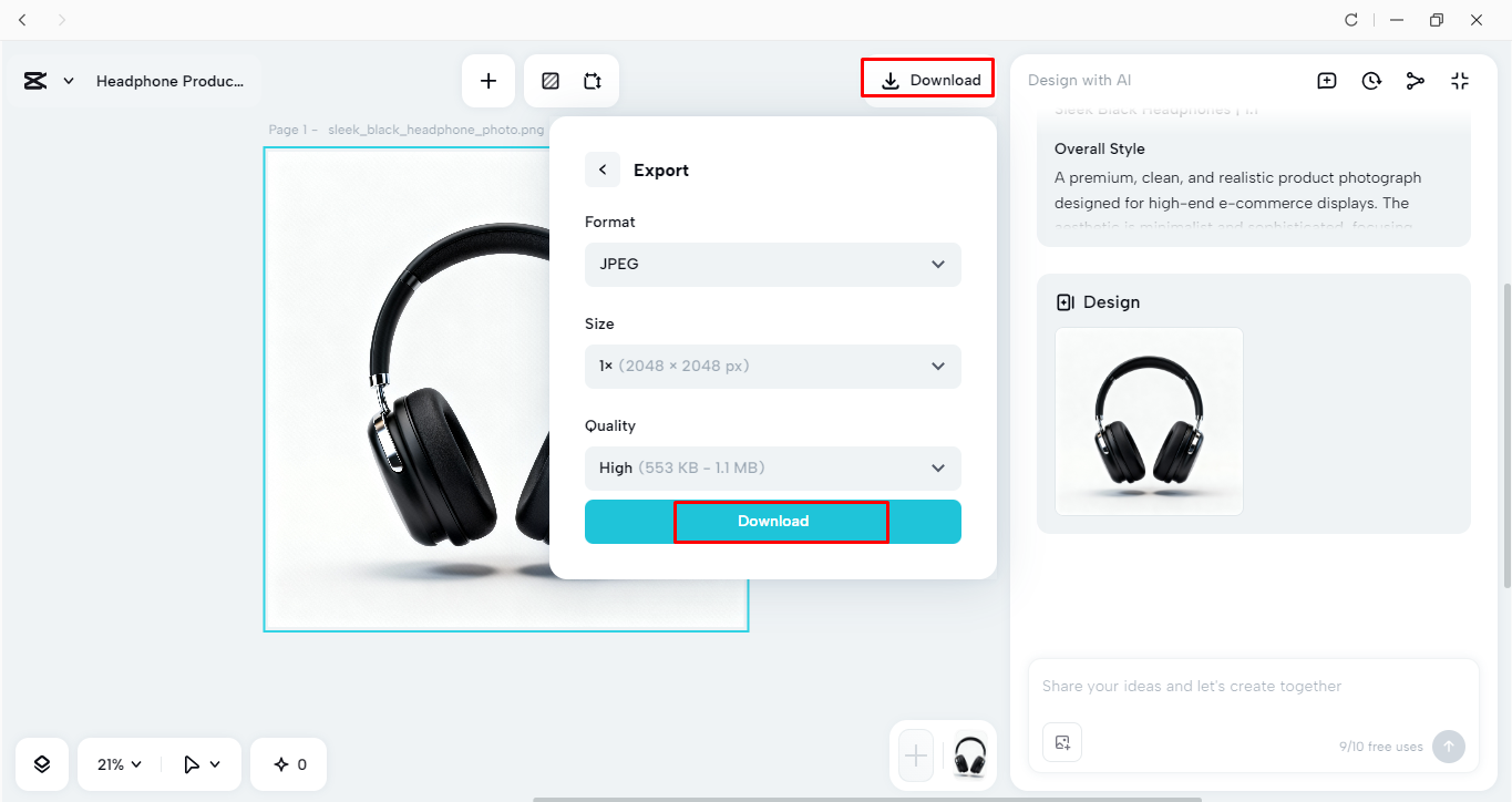 Downloading the AI-generated product image from CapCut
