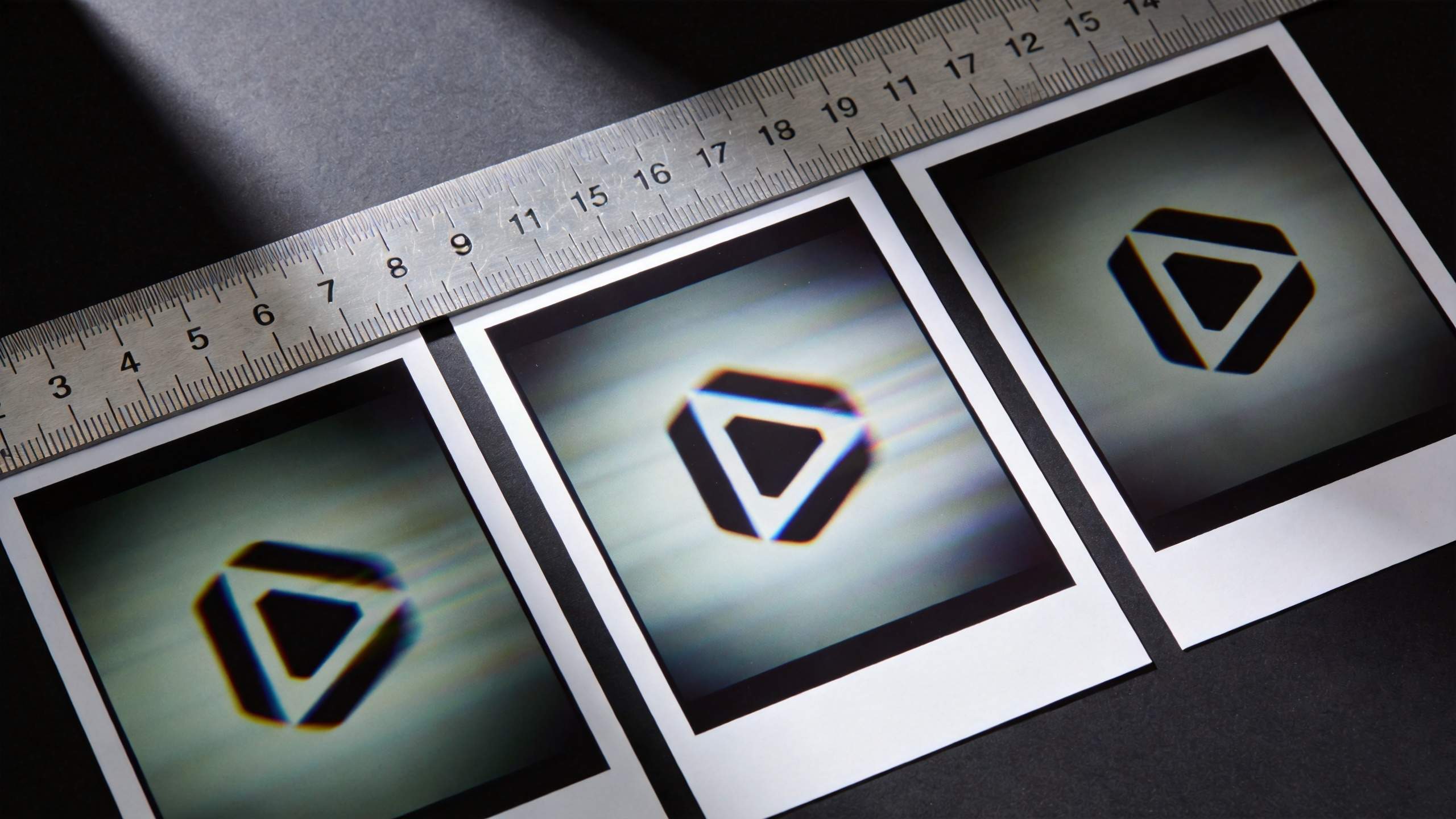 Three photo prints with the same logo beneath a metal ruler