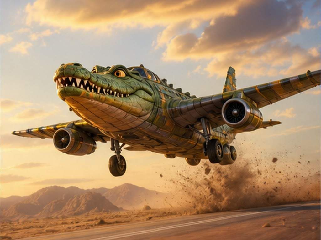Bombardiro Crocodilo AI Video prompt example 2 - Desert runway launch