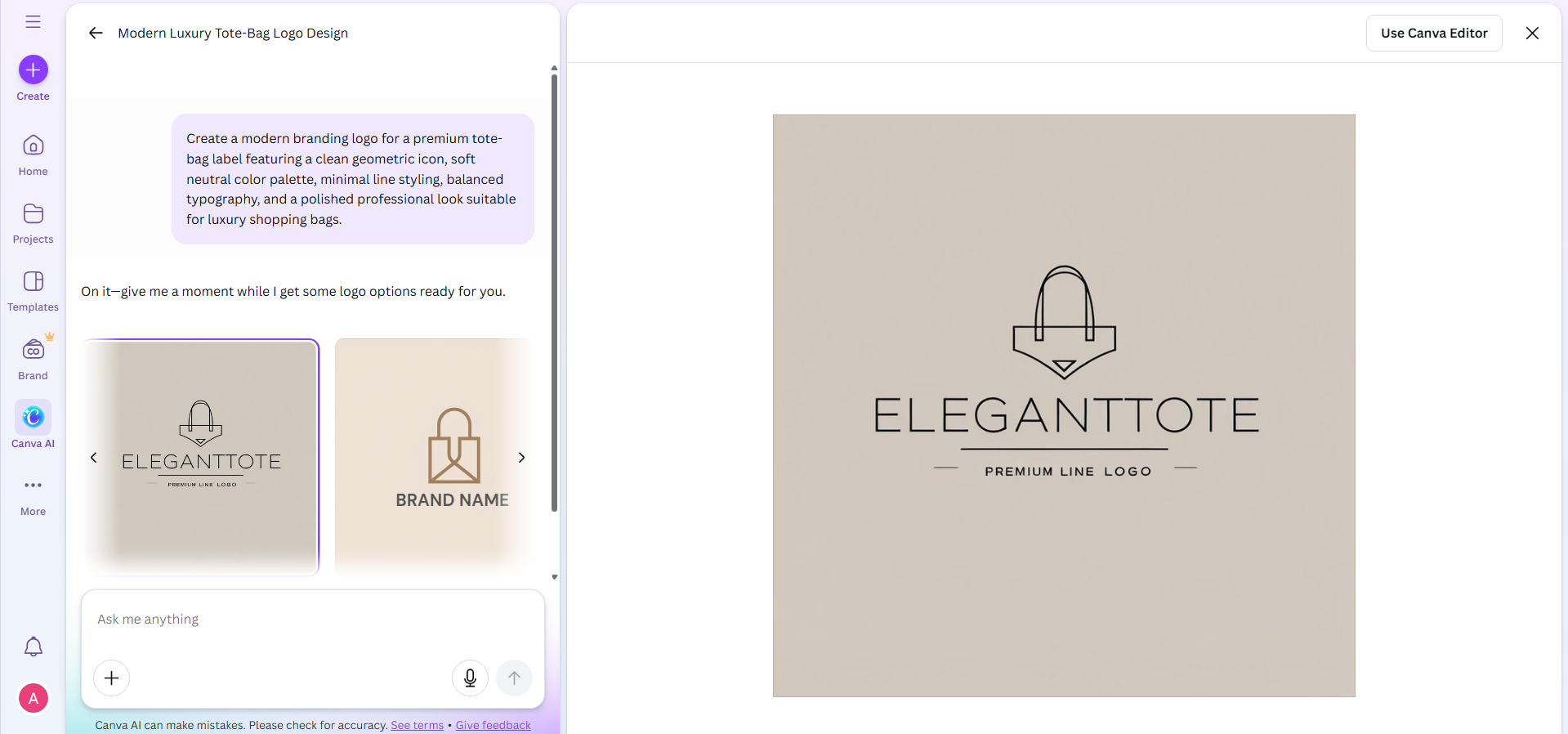 Interfața generatorului de logo-uri Canva