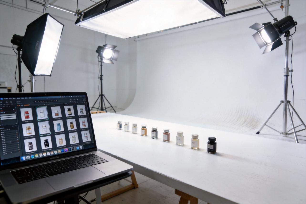 Studio product shoot with jars lined up and a laptop showing edited product thumbnails