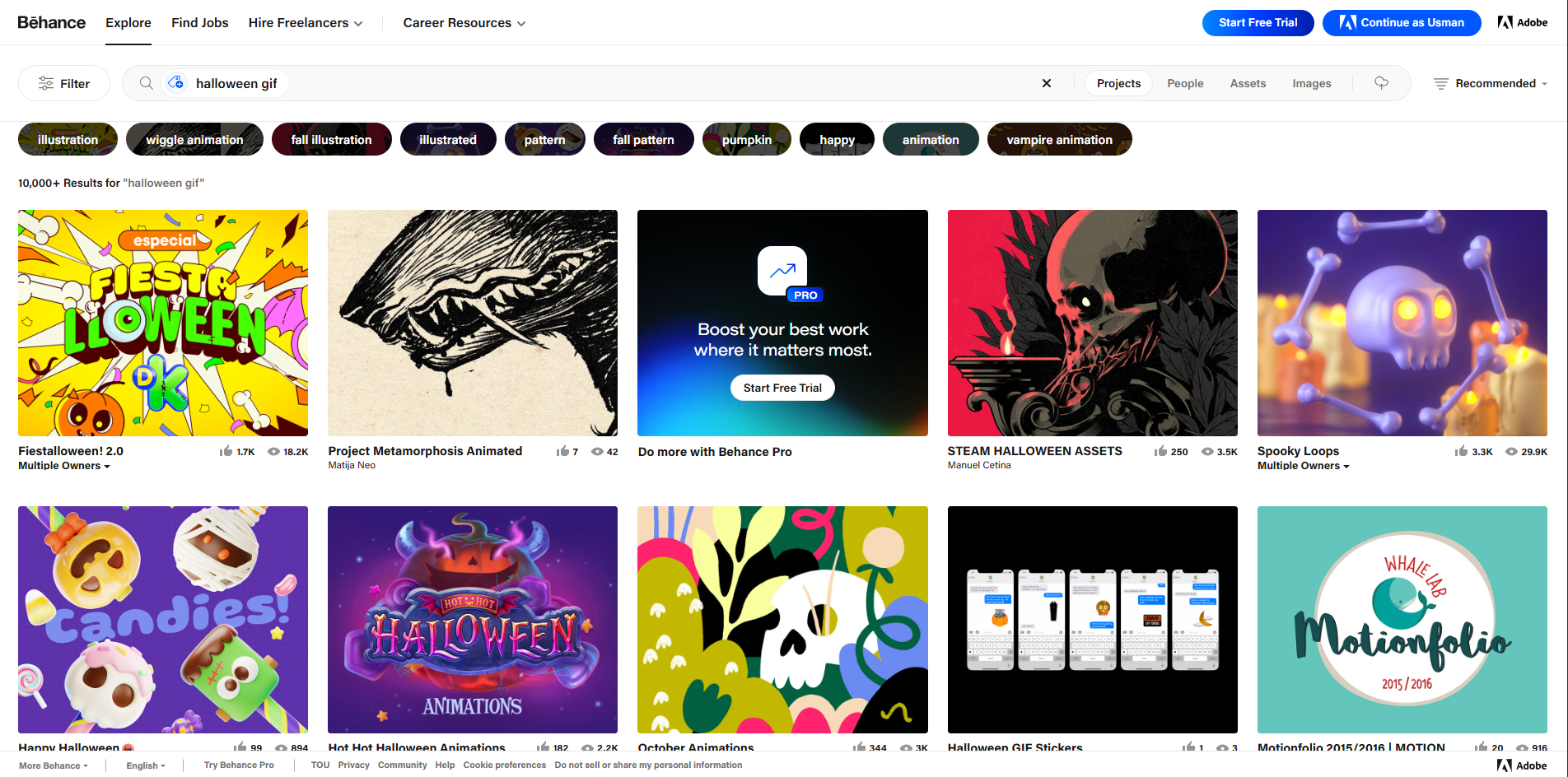 Interface of Behance - a diverse site for Halloween GIFs