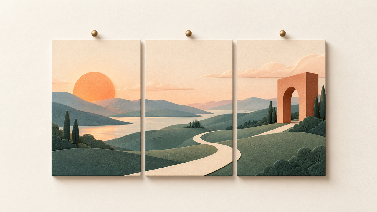 Illustrative three-tile landscape banner with teal hills, an apricot sun, and a terracotta arch; not a TikTok screenshot