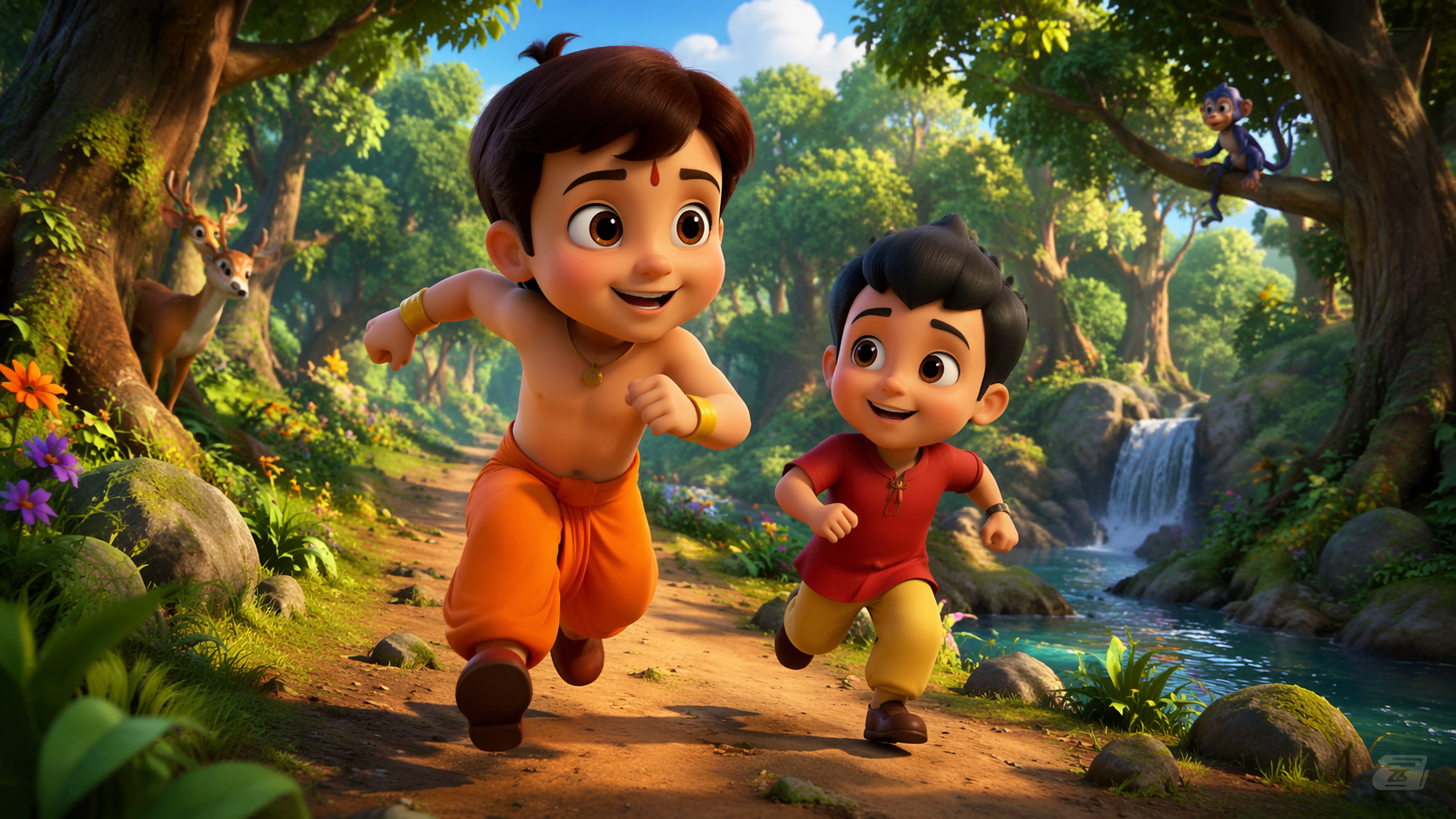 Dreamina Chota Bheem und Raju AI Video prompt Beispiel 2: Zwei Cartoon-Freunde Szene