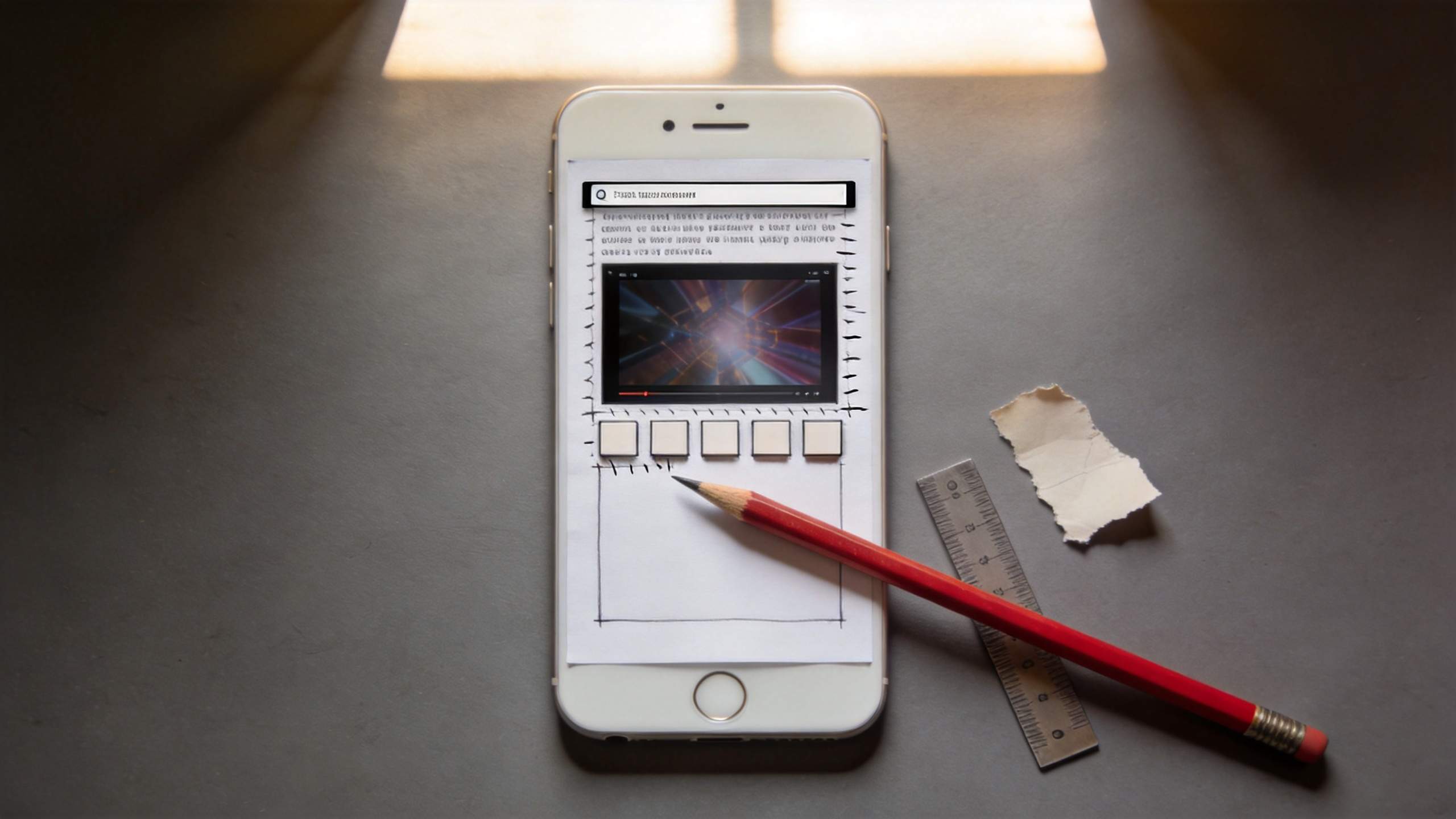 Phone displaying a video and subtitle layout sketch with paper, pencil, and ruler on a desk