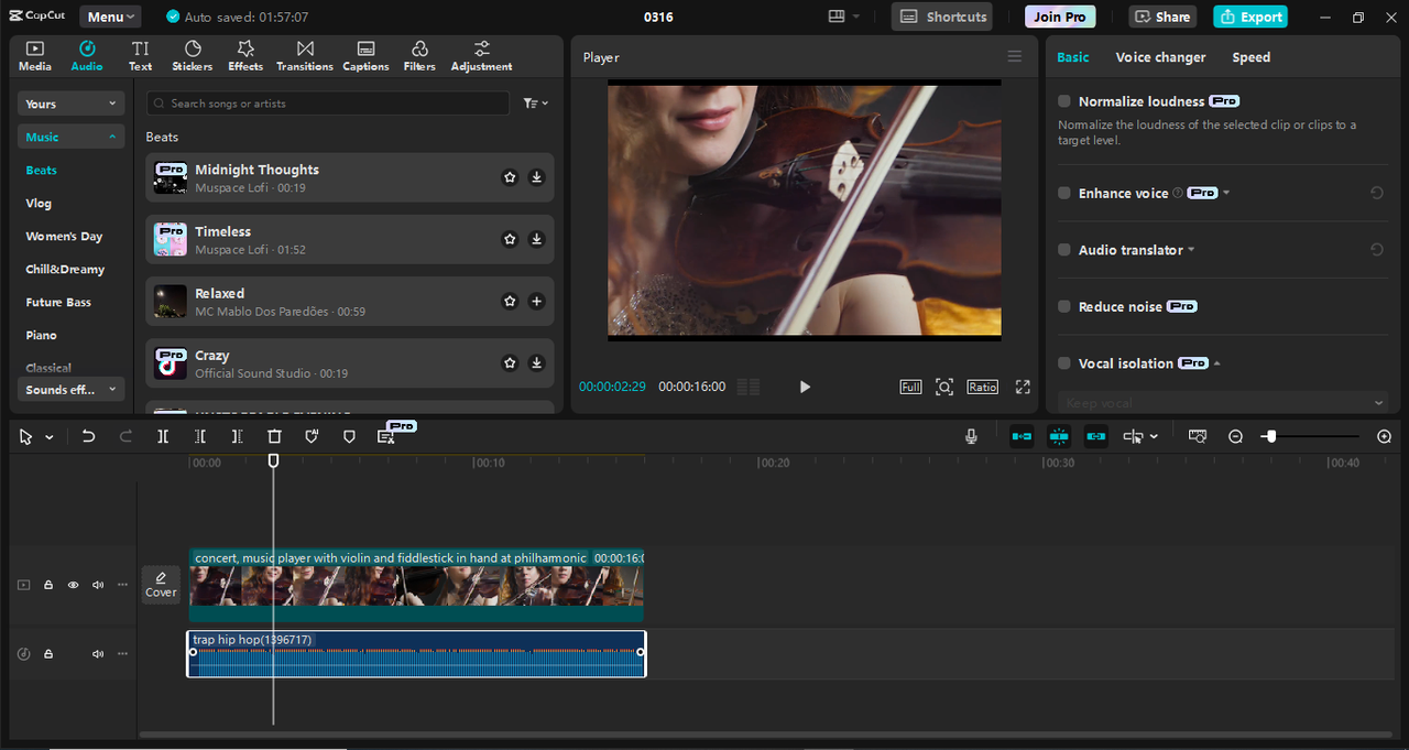 A CapCut asztali videószerkesztő felülete