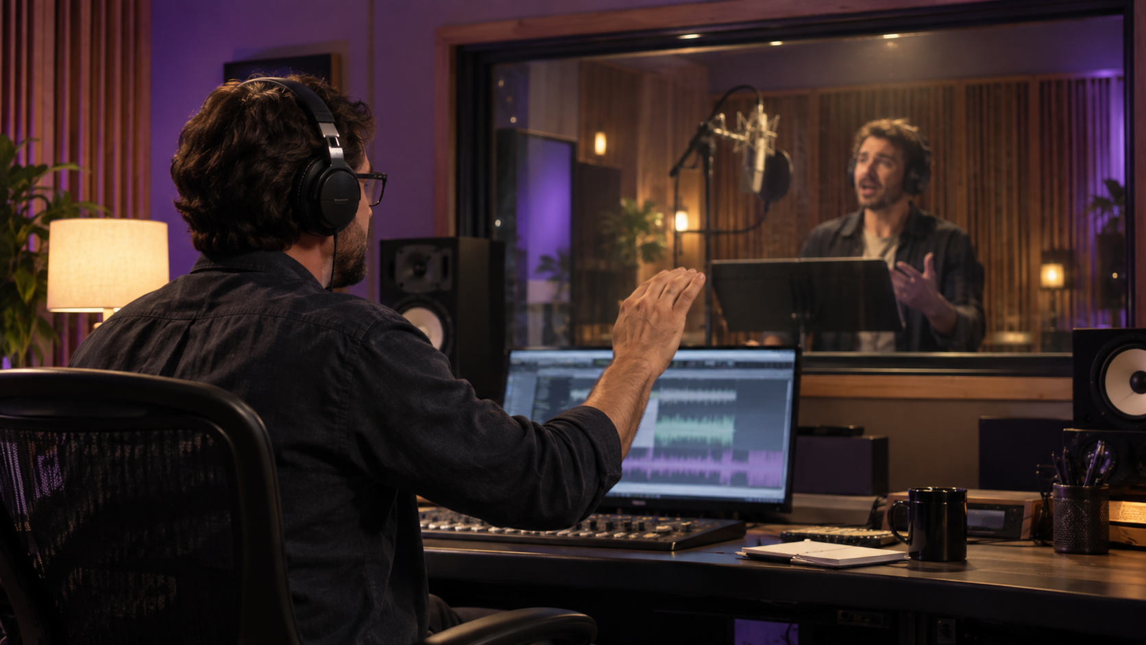 Audio director coaching a voice actor on emotion and pacing through studio glass