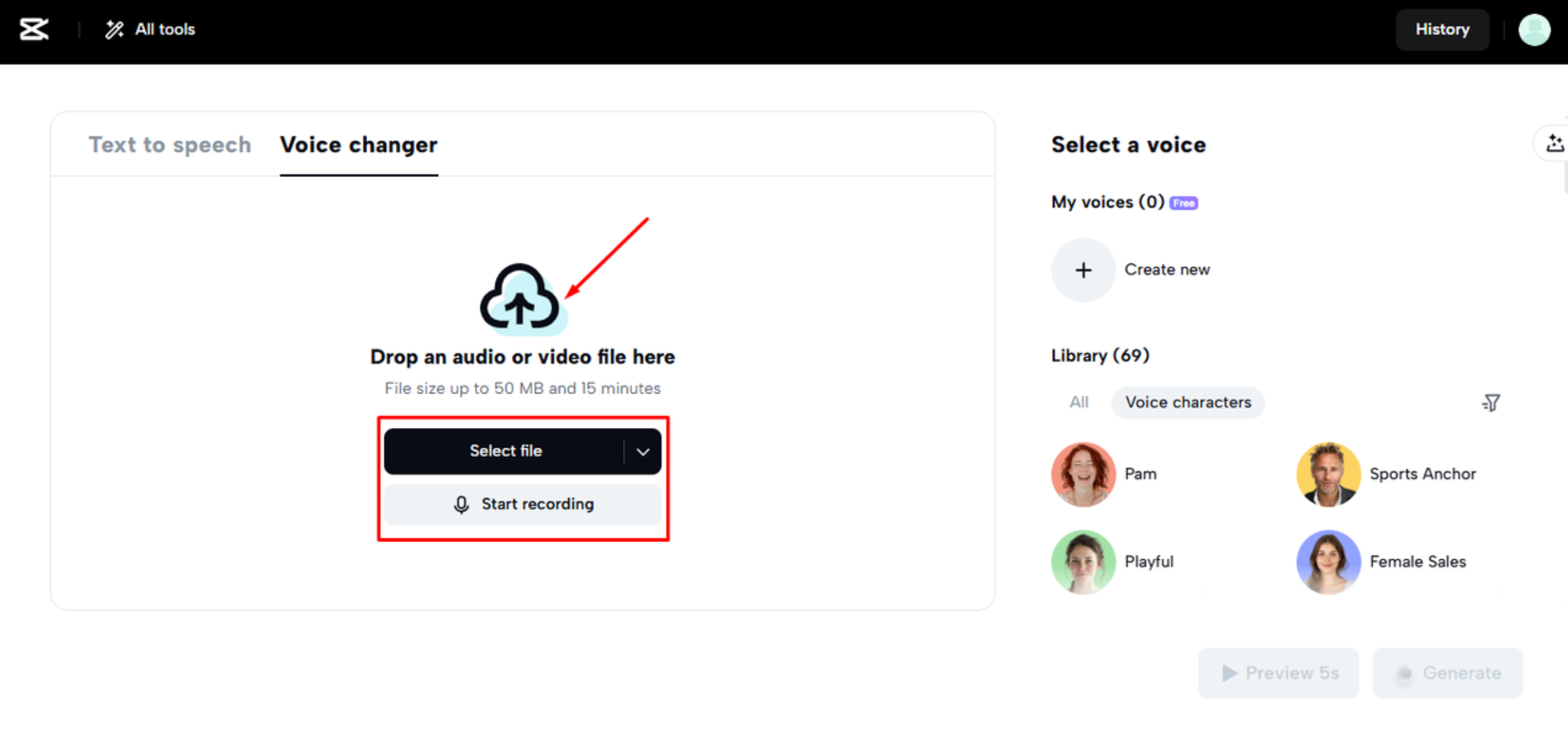 Nahrávání mediálního obsahu na webu CapCut