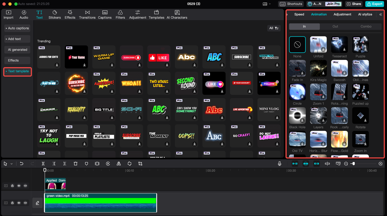 cómo agregar plantillas de texto y animaciones en el editor de video de escritorio de CapCut