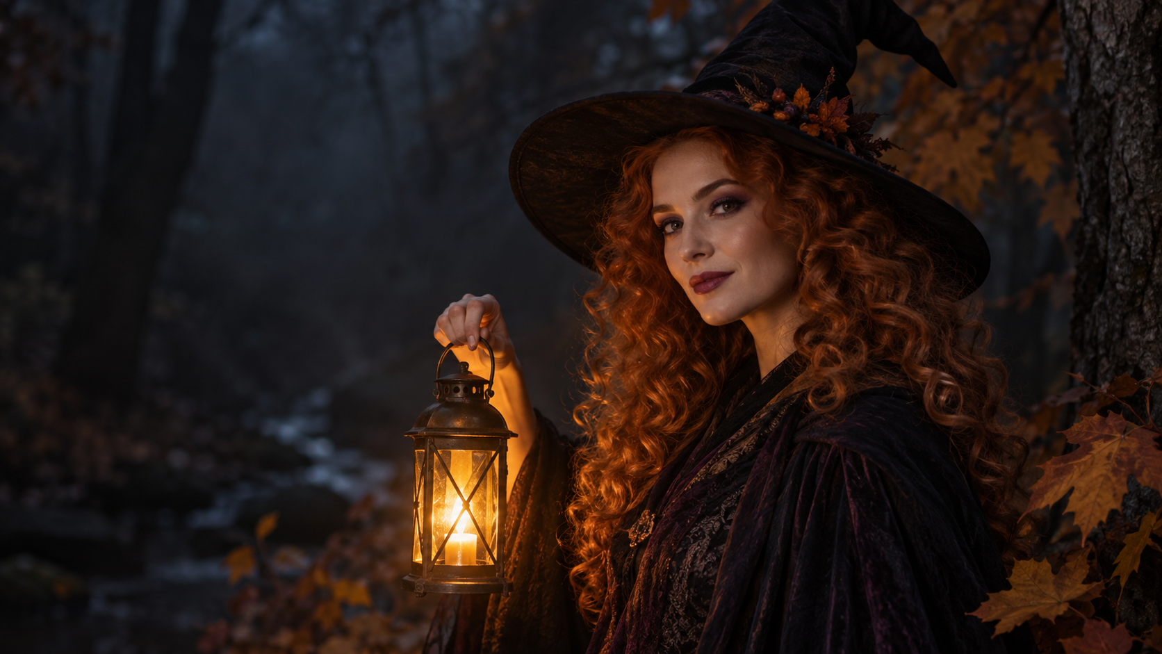 Woodland Witch: A fictional adult woman with a simple pointed black hat, copper curls, plum eyeshadow and lantern light in an autumn forest, richly textured portrait.