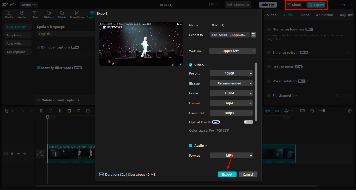 Exporting the video from the CapCut desktop video editor