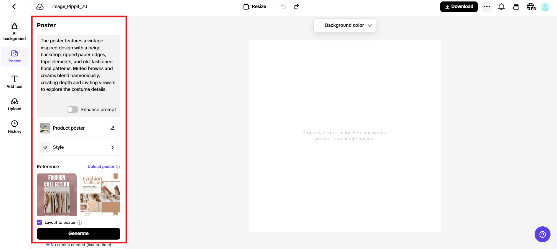 Enter prompt, choose product type and style