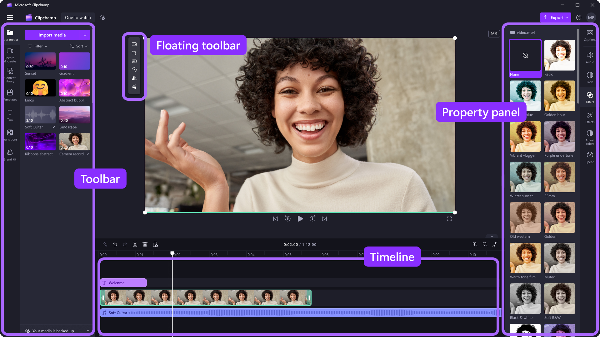 Interfaccia Clipchamp - Trucco AI online