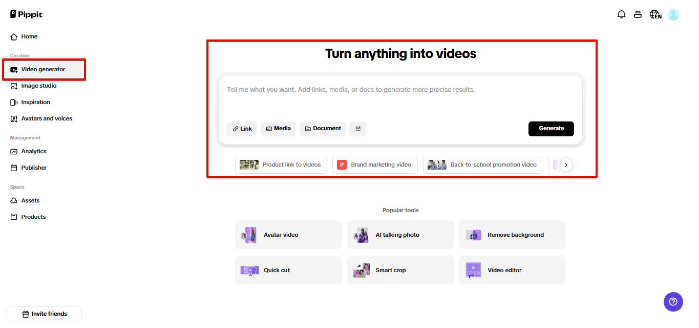 Video generator in Pippit