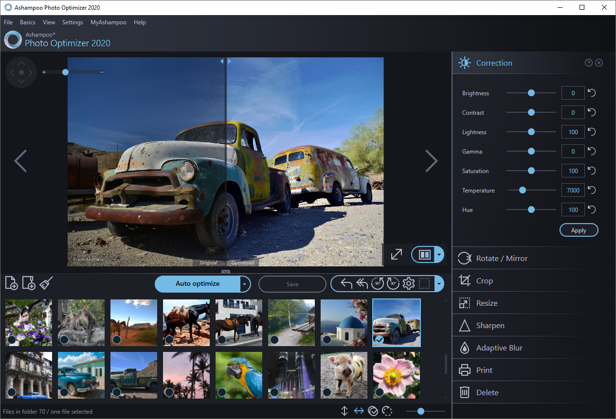 Interface of Ashampoo Photo Optimizer - an easy to use Windows photo editor