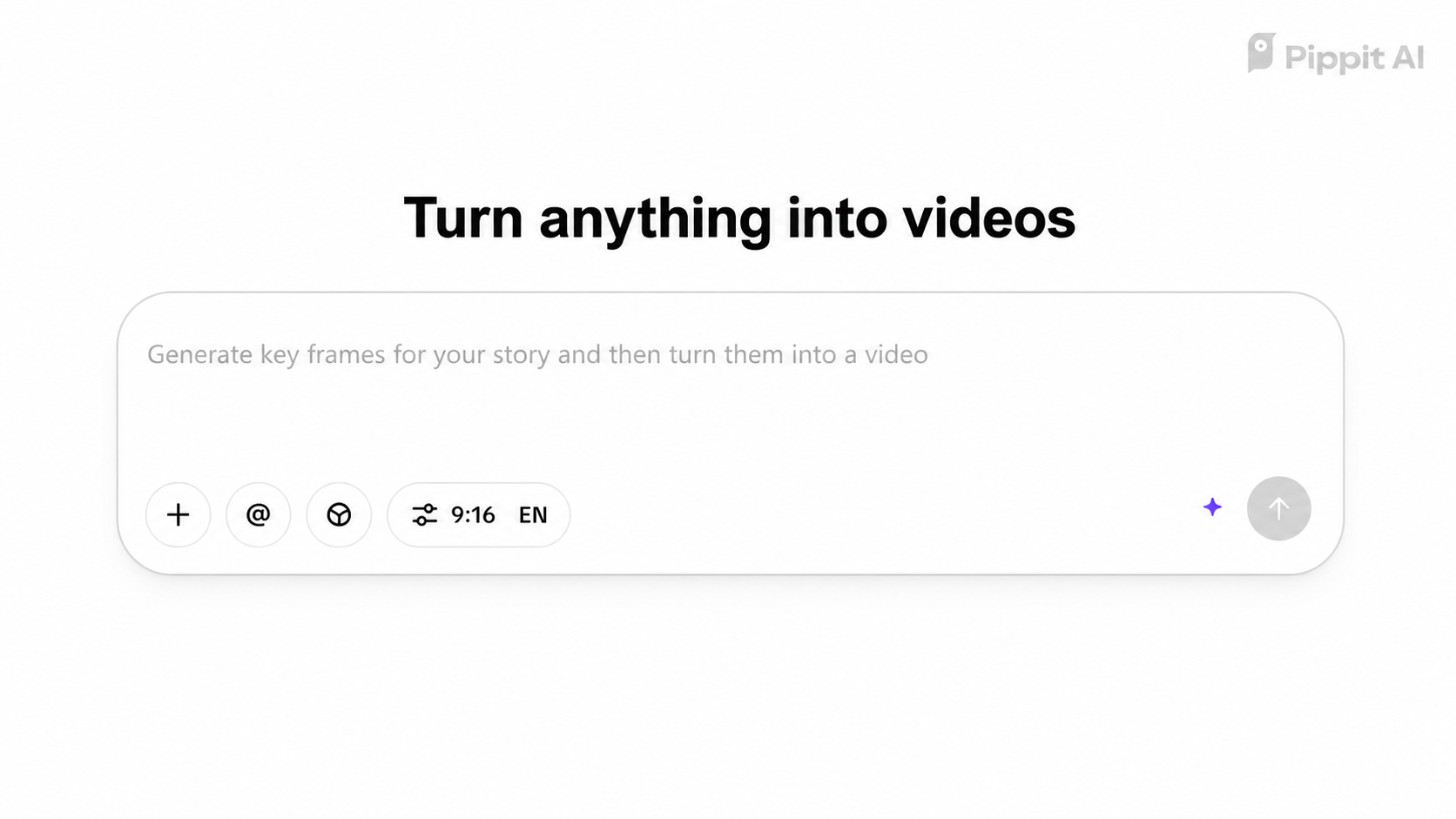 Pippit AI interface with the headline Turn anything into videos and a 9:16 aspect ratio selector