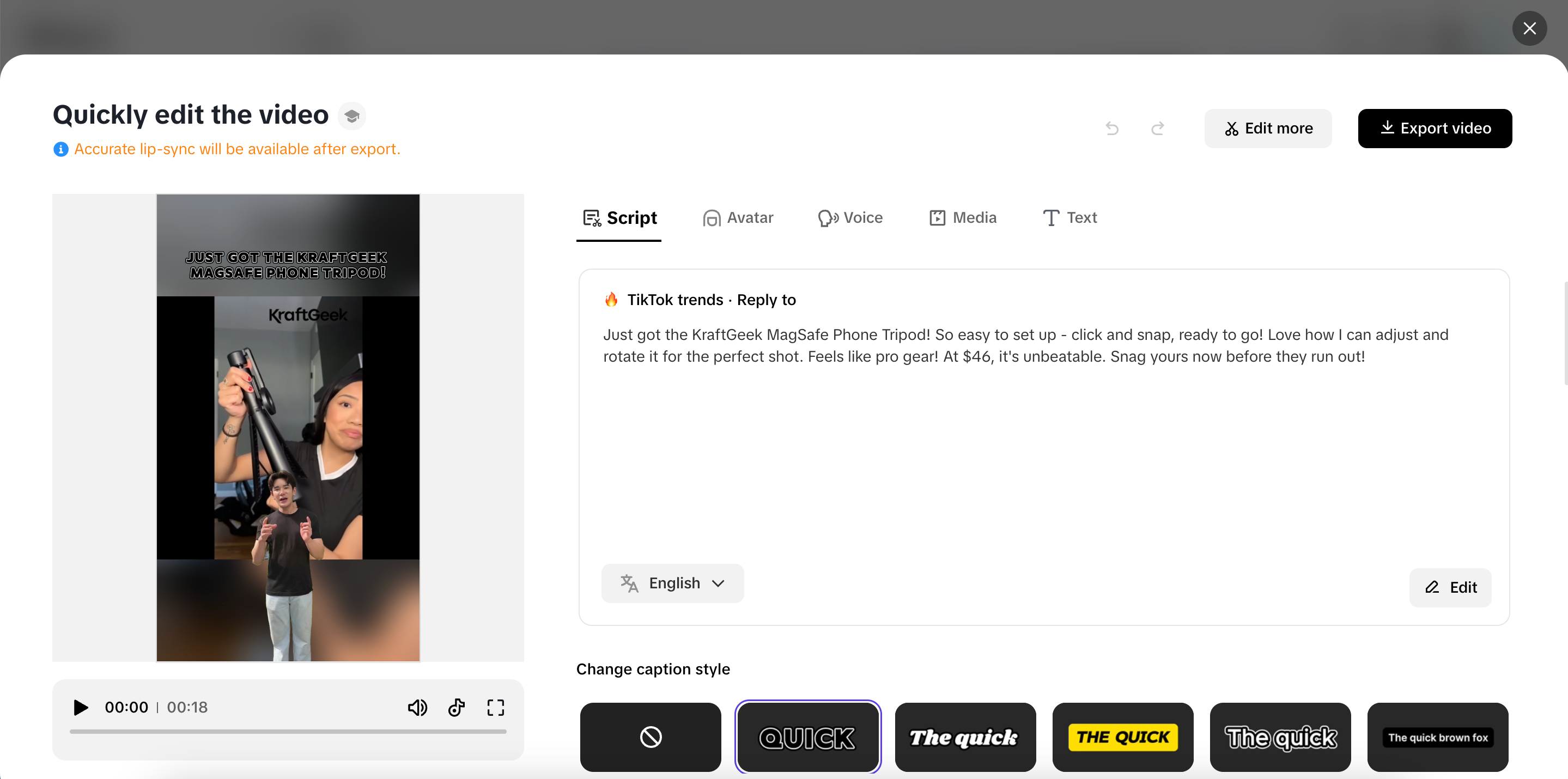 Quick editing video ad in Pippit