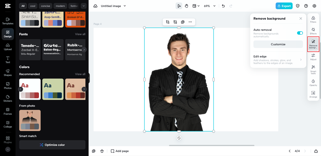 Antara muka editor imej dalam talian CapCut menunjukkan gambar dengan latar belakangnya dialih keluar