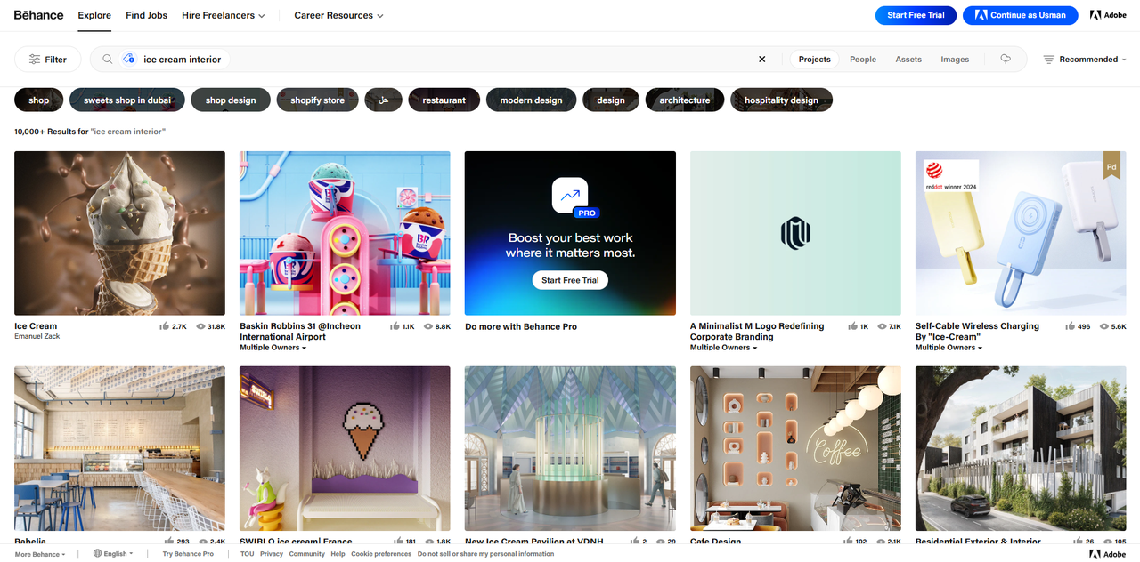 Interface of Behance - a place to find ice cream shop interior designs