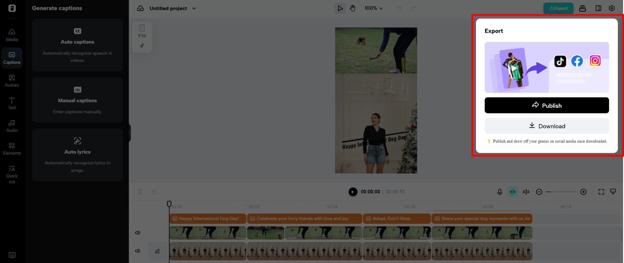 Publique ou baixe o vídeo criado