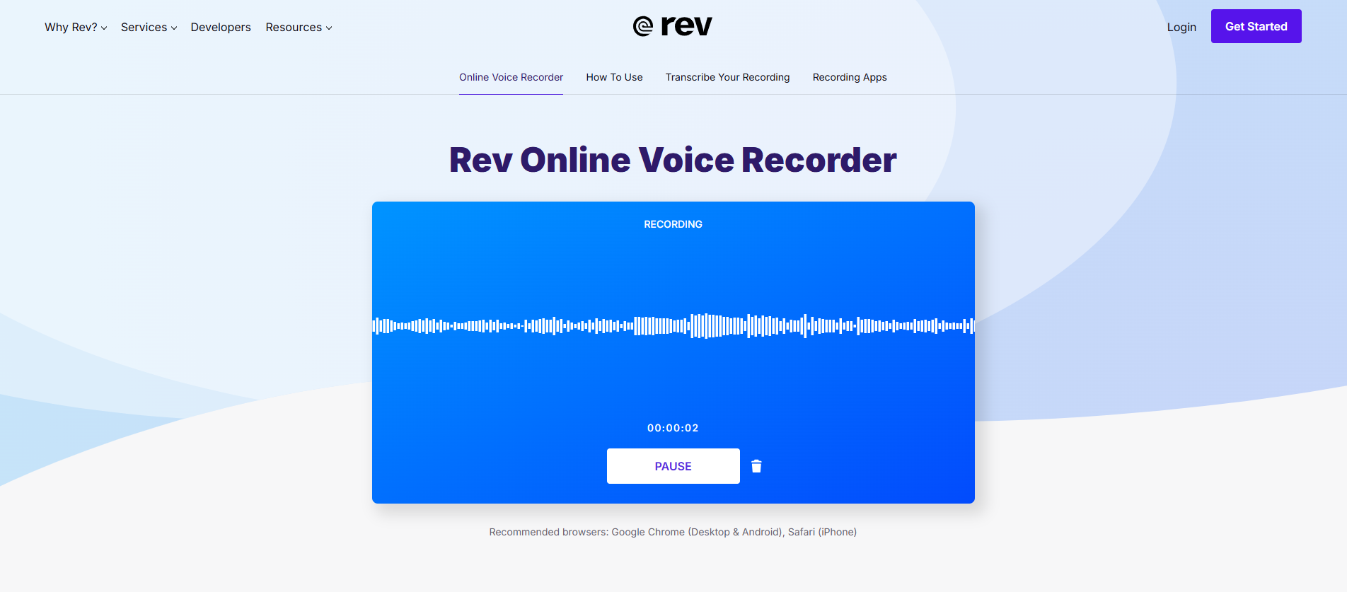 Interface of Rev - a user-friendly online sound recorder