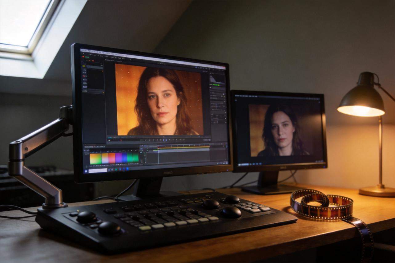 Video editing desk with dual monitors showing a portrait and color grading tools, plus film strips