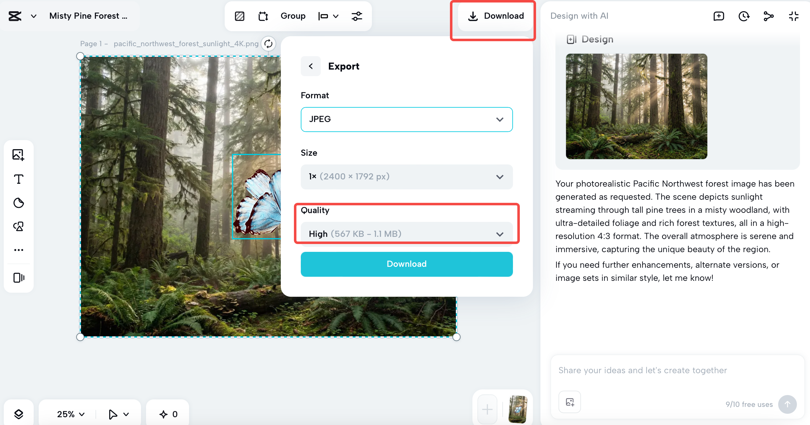 Export in high quality with the same dimensions