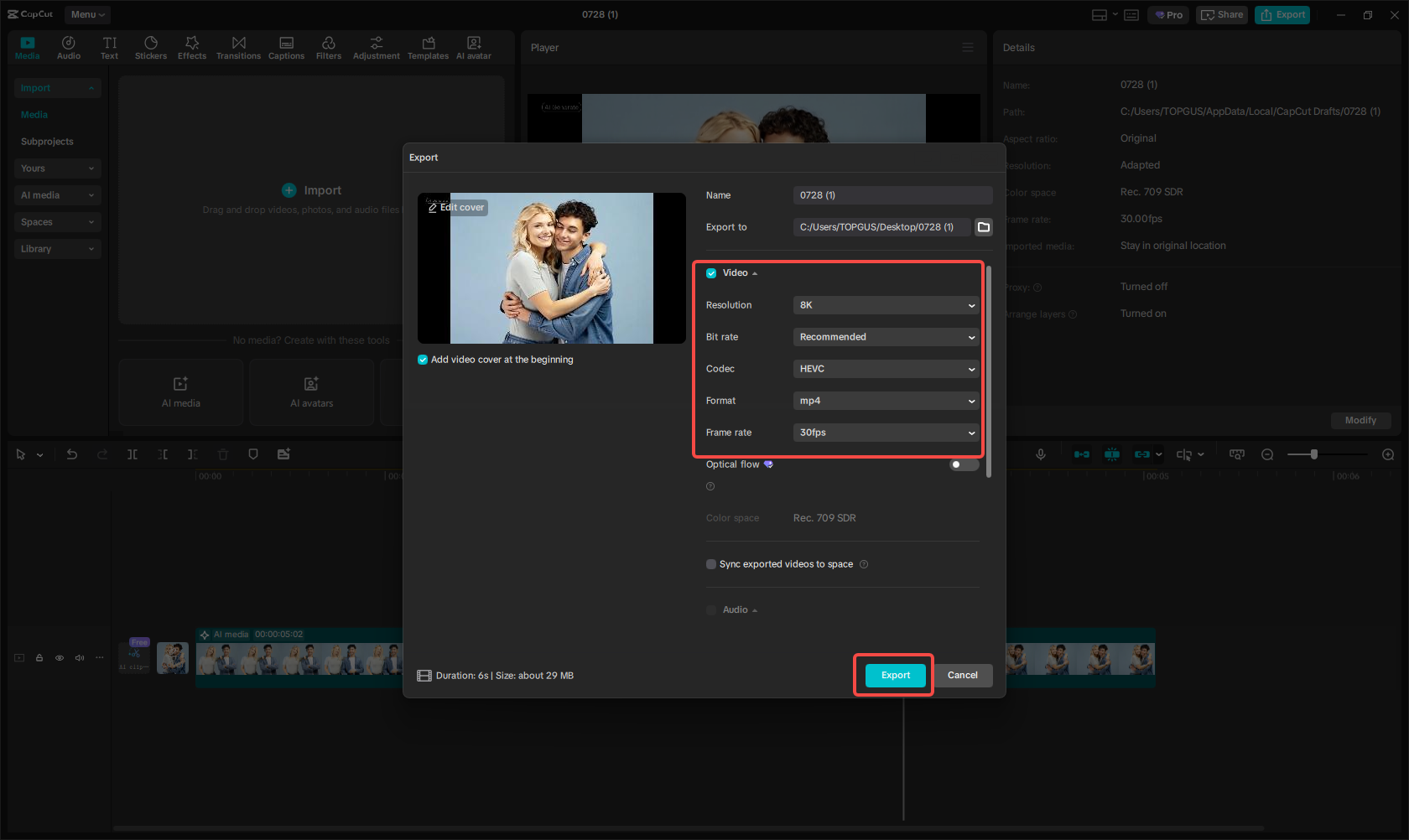 Sarılma videosunu CapCut dışa aktarma