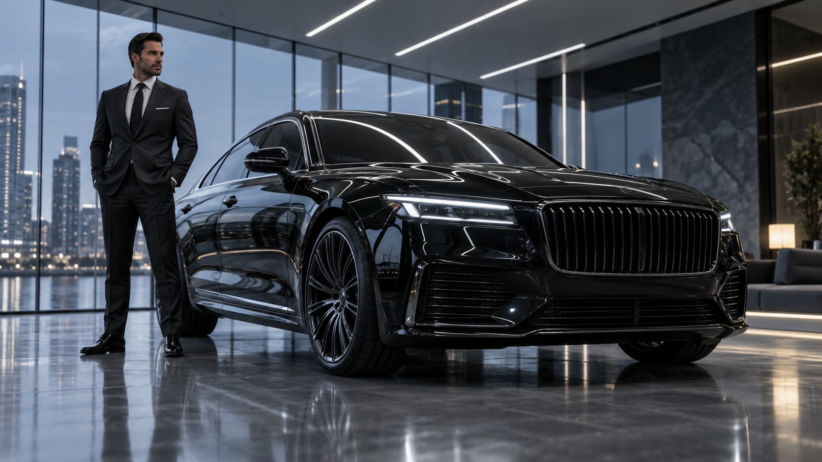 an original person-and-sedan reveal using an unbranded executive car, deliberate stance, reflective surfaces, and smooth camera movement