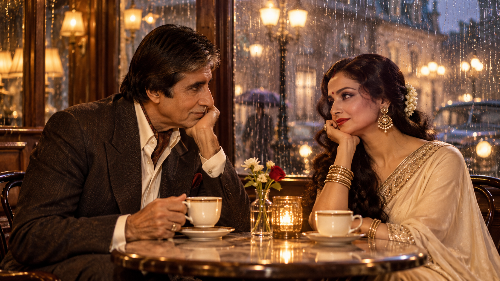 Amitabh Rekha กาแฟ AI วิดีโอ: ผู้ใหญ่ผู้ใหญ่คู่ประชุมข้างคาเฟ่วินเทจ