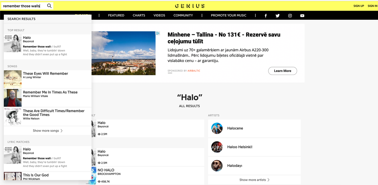 Результаты поиска по частичным текстам песен с Genius.