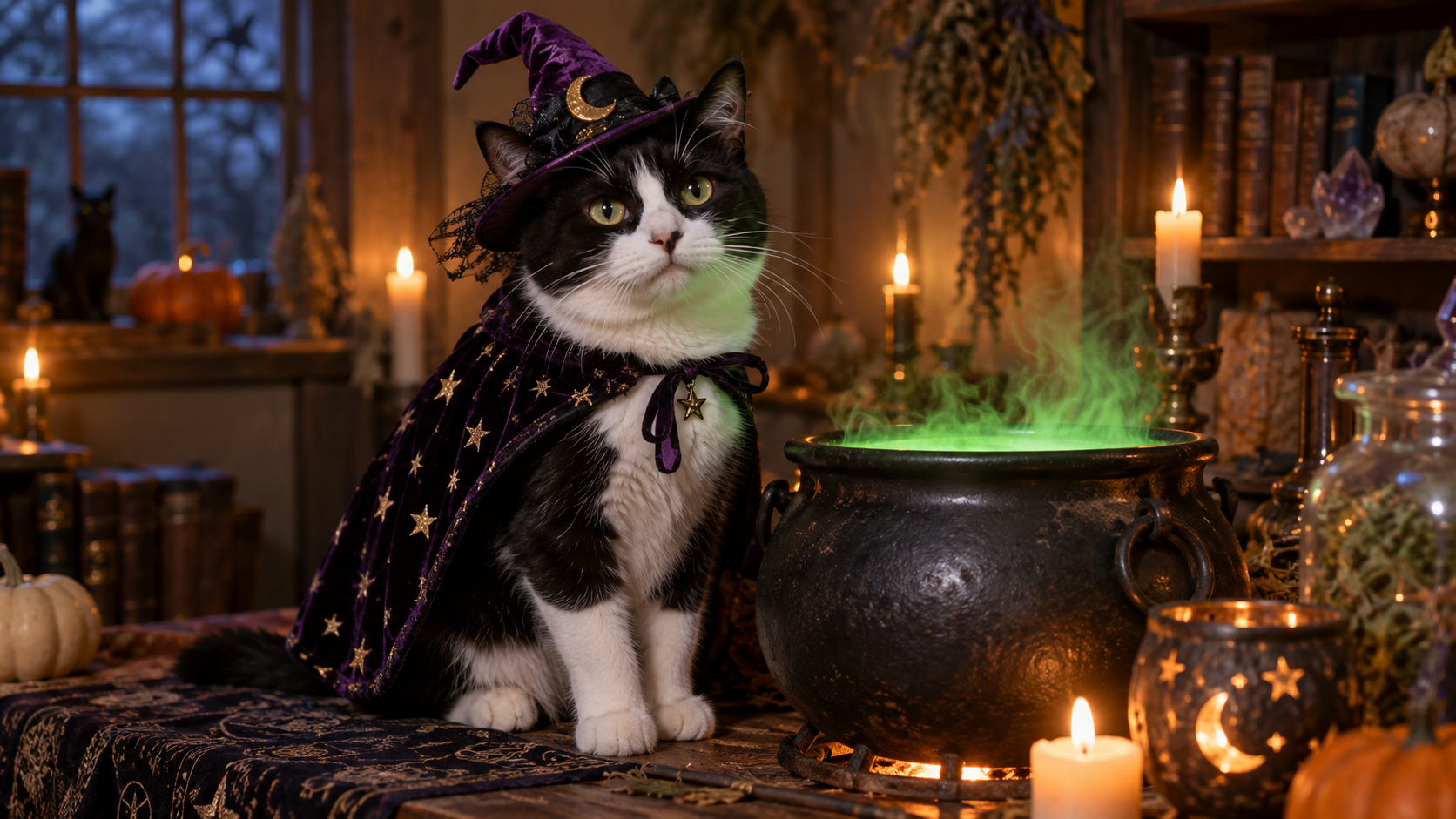 AI pet Halloween costume: Witch Cat Beside a Glowing Cauldron