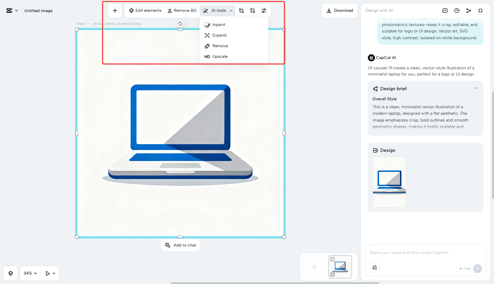 Edit the generated image in CapCut's AI design tool