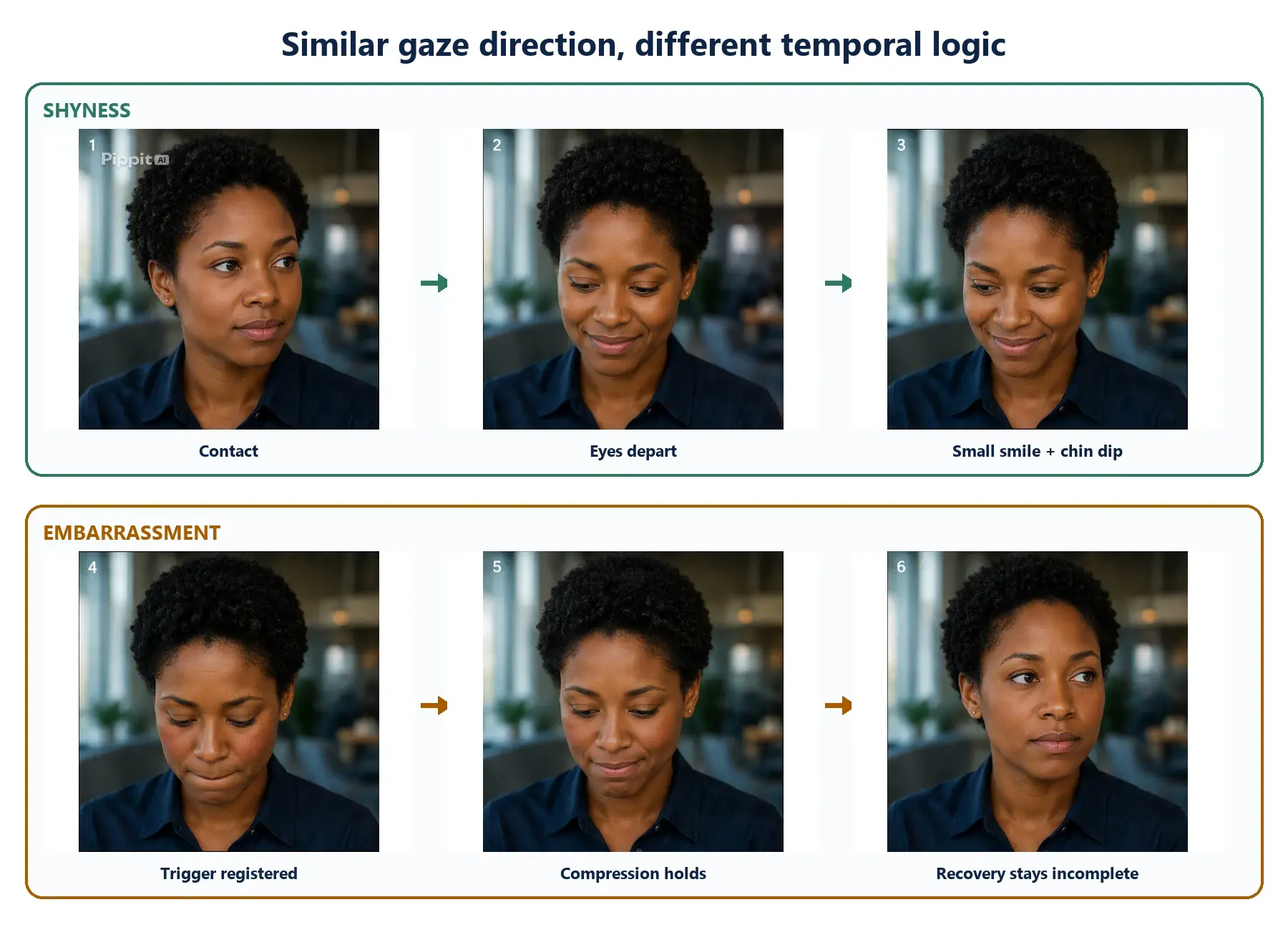 Three-panel sequence of a woman showing shyness, with gaze shifting down and a small smile.
