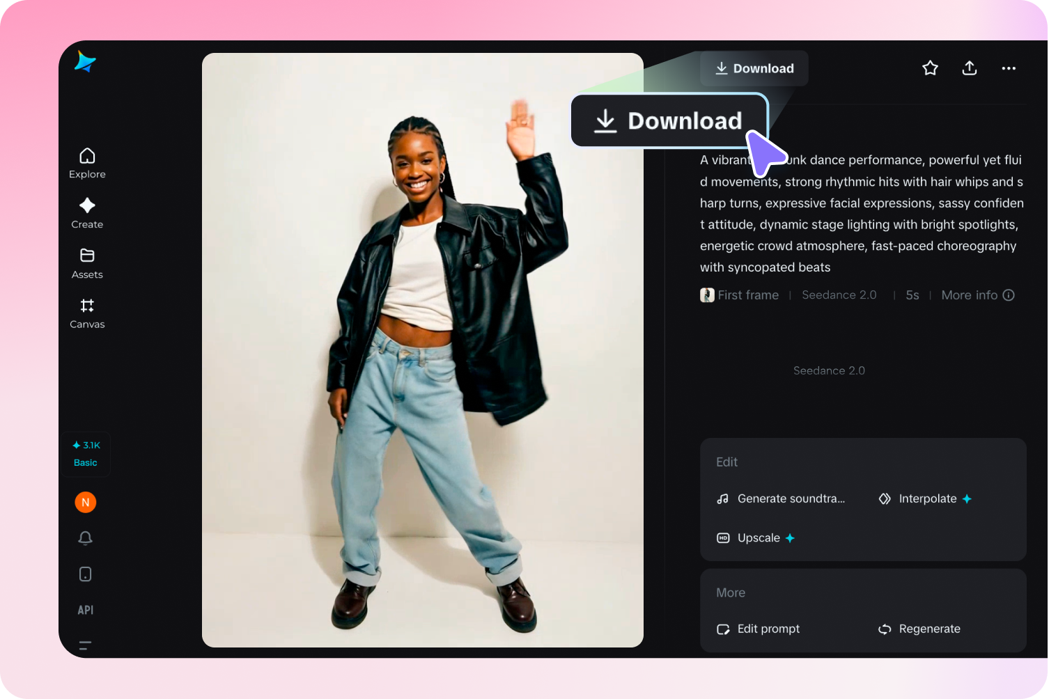 Vista previa y exportación de la foto a un resultado de IA de baile de video en Dreamina