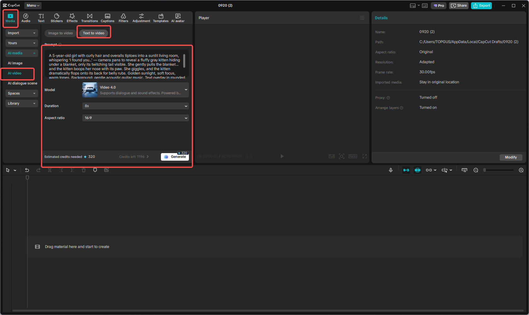 Generate a video from text