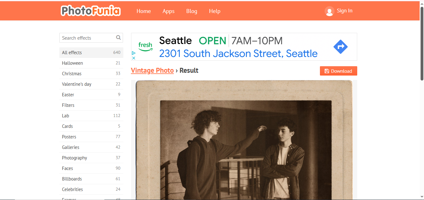 PhotoFunia - the ideal tool to get vintage filters for photos
