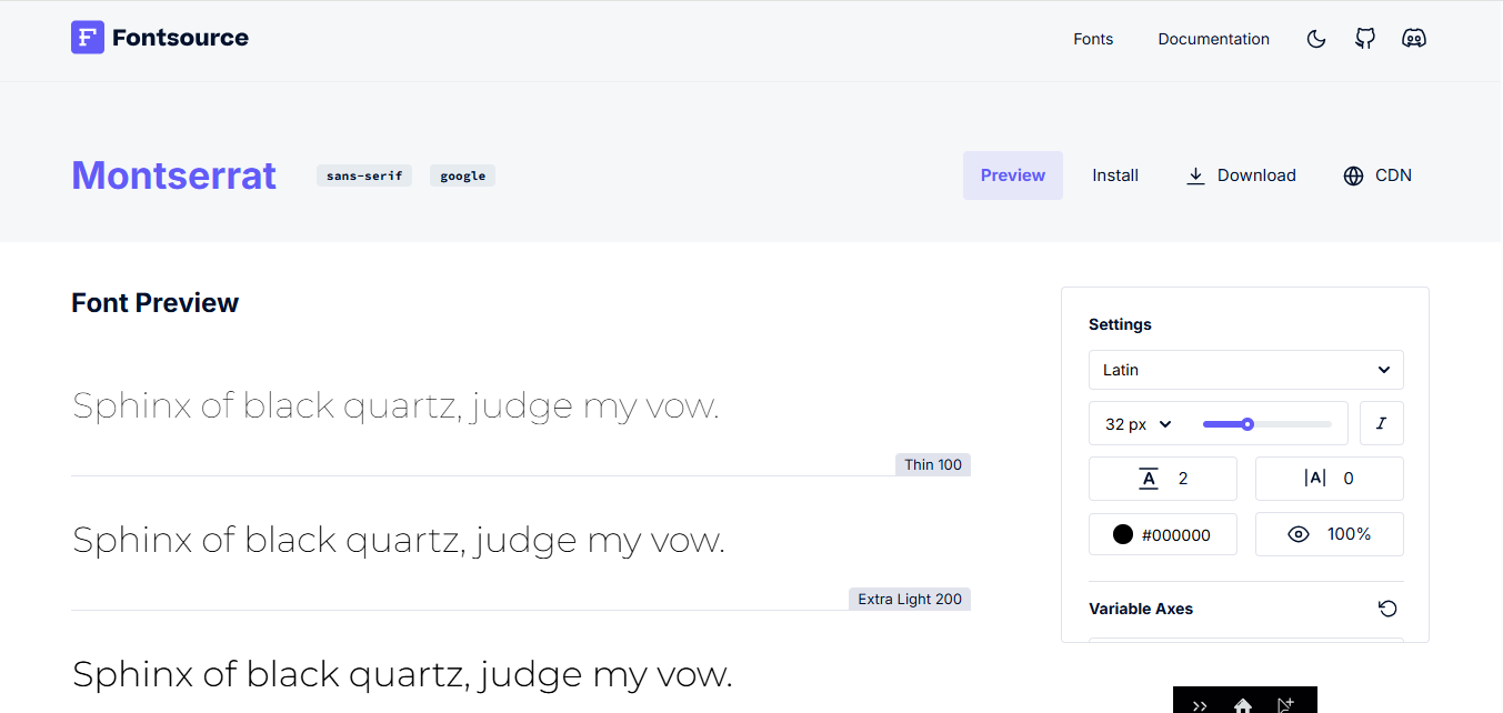 Інтерфейс Fontsource - проста у використанні платформа для завантаження шрифтів Montserrat