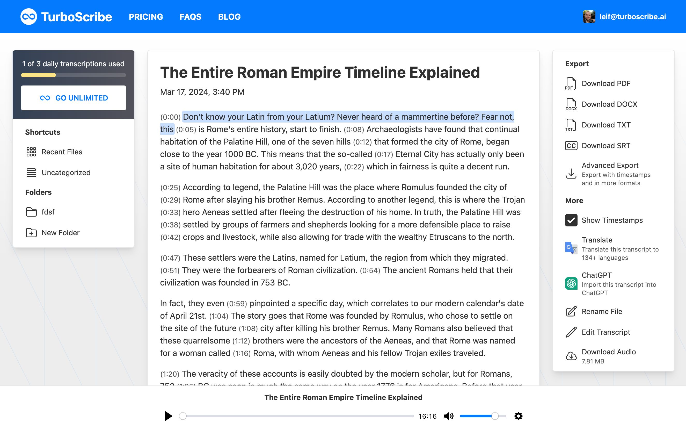 Rozhraní TurboScribe - další nejlepší nástroj pro přepis videa
