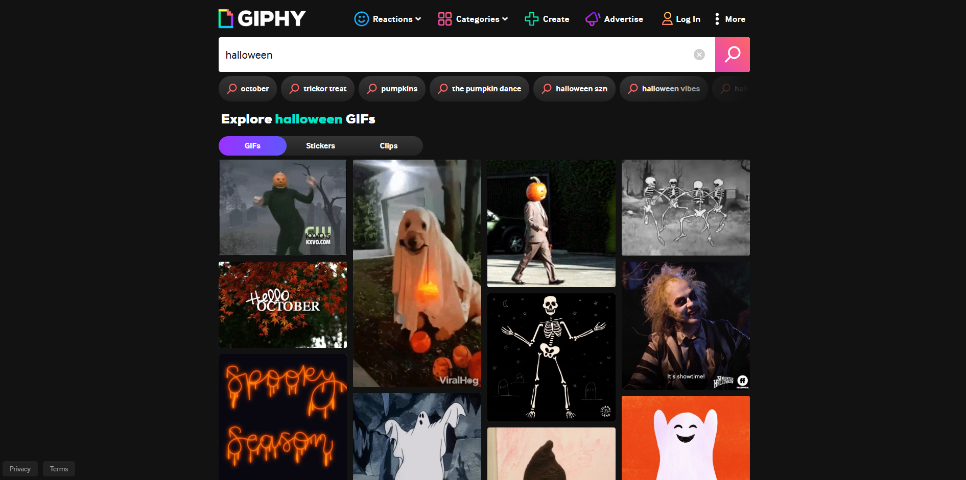 Interface of GIPHY - a site with diverse Halloween GIFs