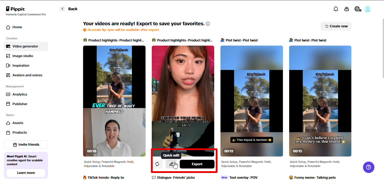 Pag-export ng video mula sa Pippit