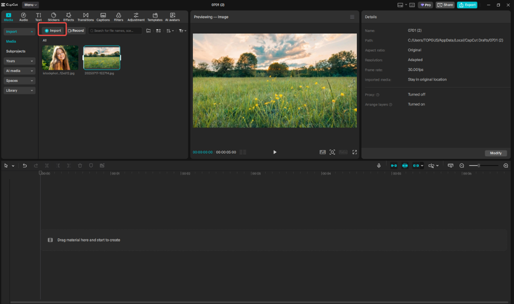 Importing the images into CapCut