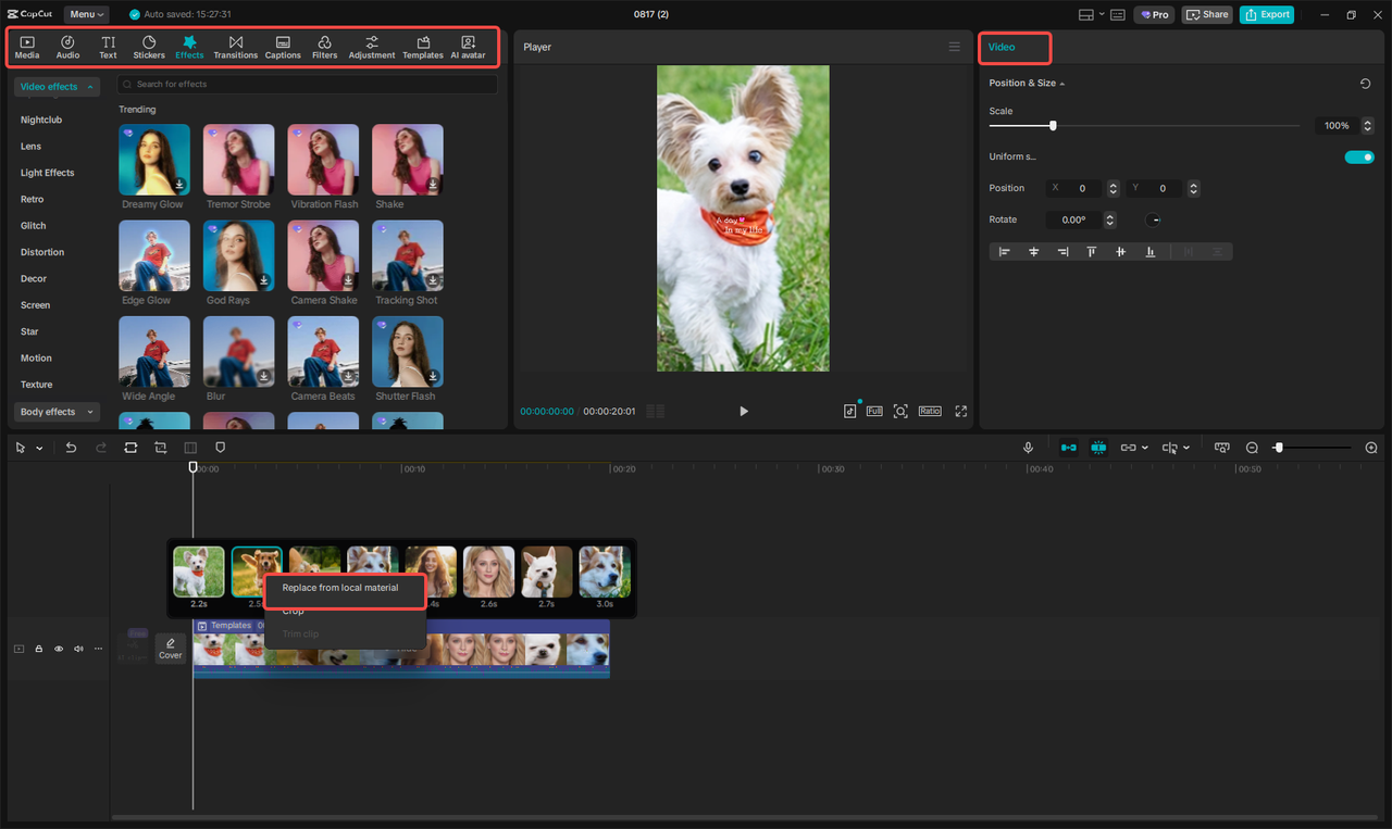 Editing the template in CapCut