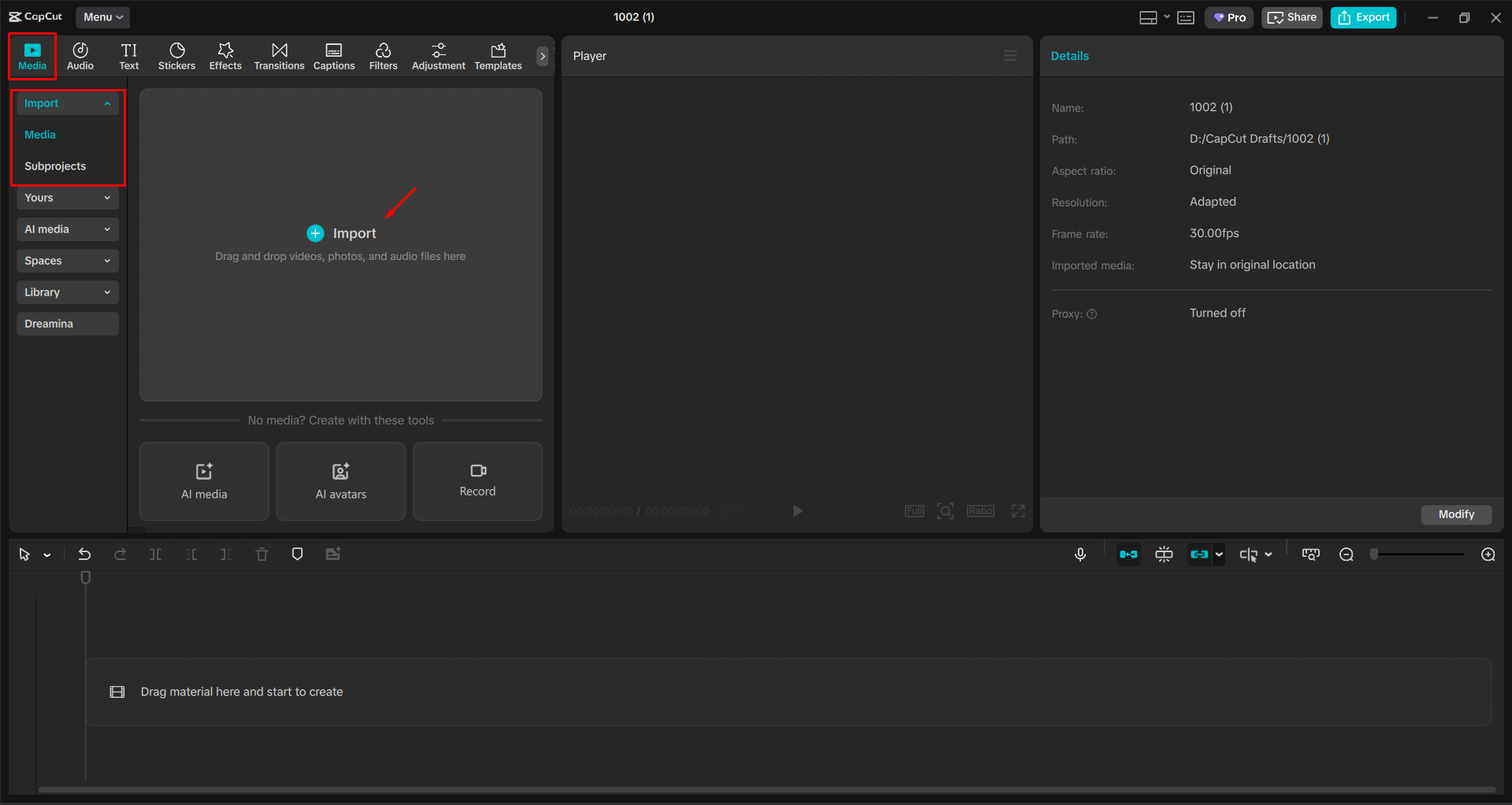 Importing a video into the CapCut desktop video editor
