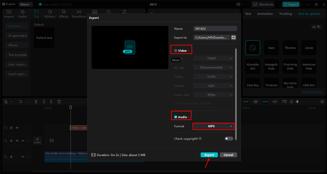 CapCut desktop export window showing format settings for the finished ringtone audio file.