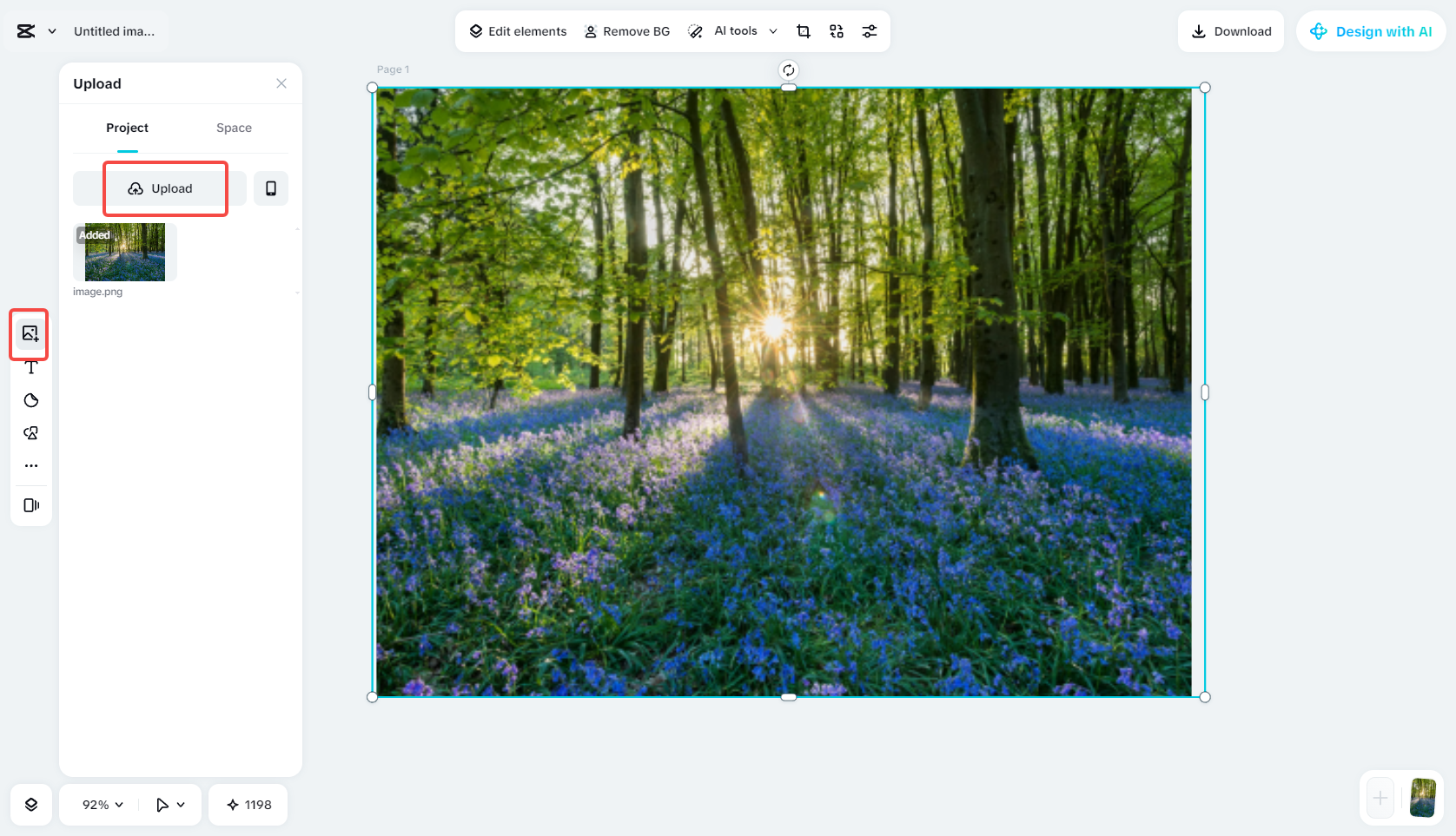 画像をアップロードしてCapCut